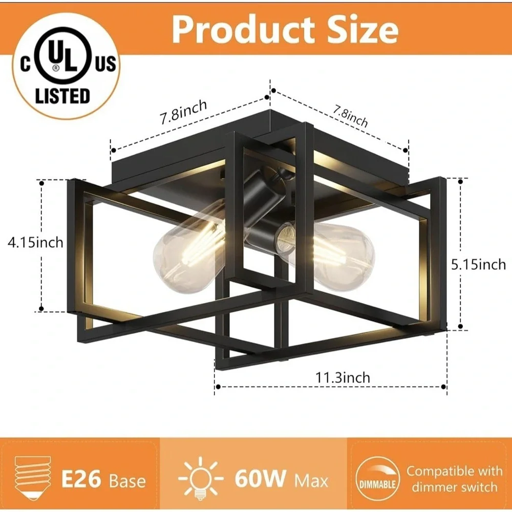 Black Rustic Metal Flush Mount Ceiling Light Fixture, 2-Light Industrial Farm...